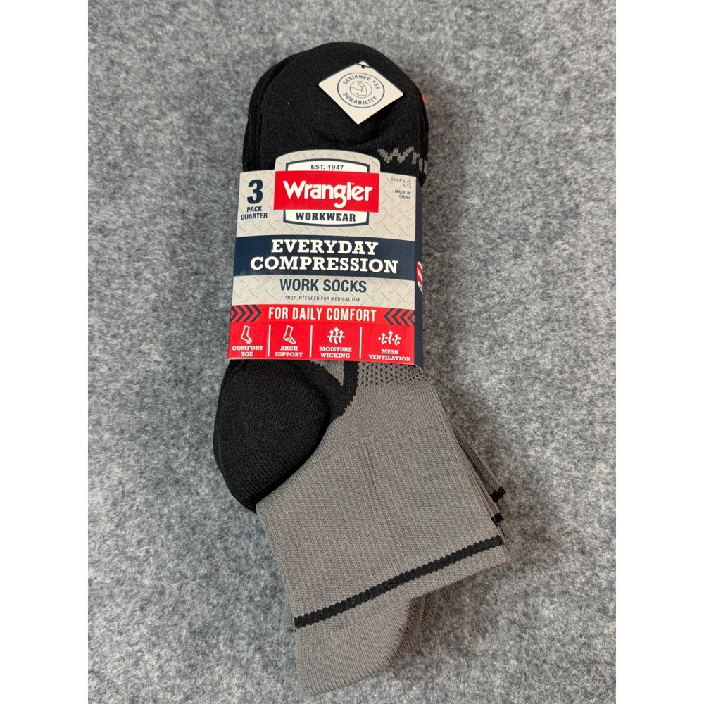 Wrangler Everyday Compression Work Socks Men 6-12 Gray NWT 3 Pack Quarter